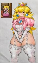 bedroom_eyes bottomless munununbumnin no_panties paper_mario paper_peach princess_peach reference_image stockings tagme
