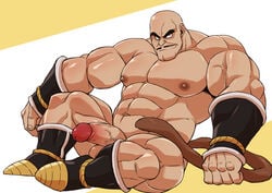 1boy armor bald black_eyes boner dragon_ball dragon_ball_z erection light-skinned_male male male_focus male_only muscular muscular_male naked nappa nude othukimi penis simple_background sitting solo