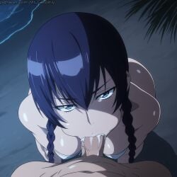 1boy :>= ai_generated black_hair blue_eyes braid breasts cum_in_mouth fellatio female highschool_of_the_dead large_breasts looking_at_viewer mr_geroiniy night oral penis pov saeko_busujima saliva side_braid solo_focus straight twin_braids