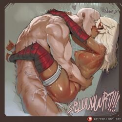 1boy against_wall ai_generated bald bandaged_arm bandaged_leg bandages blonde_hair blush breasts closed_eyes cum cum_in_pussy cum_overflow dark-skinned_female dark_skin female guilty_gear guilty_gear_strive heart hug kissing leg_lock leg_wrap long_hair medium_breasts mixed-sex_bathing motion_lines muscular muscular_male nipples nude patreon_logo patreon_username ramlethal_valentine rolling_eyes sex shower_\\\\(place\\\\) showering standing_sex straight sweat thick_thighs thigh_strap thighs tillian toeless_legwear toes upright_straddle vaginal_penetration web_address wet white_hair