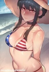 ai_generated american_flag_bikini beach big_ass big_breasts big_butt big_thighs bikini black_hair blush female female_only hairband huge_ass huge_butt huge_thighs medium_breasts ocean red_eyes solo solo_female spy_x_family sun_hat wanuze wide_hips yor_briar yor_forger