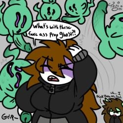 1:1 anthro balls bodily_fluids breasts brown_hair canid canine closed_eyes clothing cockslap english_text female fox genitals ghost green_body grey_background hair hoodie long_hair mammal nova_(unsureumbra) origi_(unsureumbra) penis penis_squeeze purple_body purple_eyes sharp_teeth signature simple_background slap spirit surrounded surrounded_by_penises sweat teeth text toni_oni topwear unsureumbra