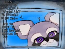 1boy anthro dialogue english_text femboy_on_female furry girly heart indigo_park lolbear_9 looking_at_viewer male male_only procyonid purple_eyes rambley_(indigo_park) screen solo solo_male steam talking_to_viewer text tv