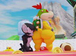 2boys 3d 3d_(artwork) ass ass_focus backsack black_fur bowser_jr. bracelet closed_eyes detailed_background doommusk furry gay green_skin hand_on_hip haplorhine interspecies kissing_ass koopa lire_(doommusk) mario_(series) masturbation monkey mountain naked on_knees outdoors penis primate red_hair short_tail spiked_shell super_mario_sunshine tail thick_thighs white_skin yellow_skin