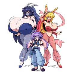 1boy 1girls 2girls age_difference belly_dancer belly_dancer_outfit big_breasts blonde_hair blue_hair breasts bunny_ears female gigantic_breasts harem harem_girl harem_outfit honey_(paulgq) horns huge_breasts hyper_breasts jpg mana_(paulgq) milf paulgq pocket_(paulgq) see-through_clothing size_difference standing tagme twitter_link veil white_background