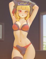 1boy 1futa 2025 ai_generated artist_name blurry blurry_background blush bow_panties bra cock depth_of_field dick futanari heterochromia hi_res high_quality high_resolution highres horns jinja_(v-tuber) navel novalust open_mouth panties patreon patreon_username penis solo stable_diffusion testicles thighhighs underwear virtual_youtuber watermark yellow_eyes