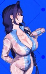 absurdres black_hair blue_eyes bodysuit bottle breasts cleavage covered_navel erasorpepero female hair_intakes highres holding holding_bottle hololive hololive_english large_breasts long_hair ouro_kronii partially_unzipped pocari_sweat pouring pouring_onto_self solo virtual_youtuber water water_bottle white_bodysuit
