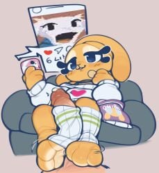 2023 3_toes 4_fingers anthro barefoot black_choker black_eyes black_jewelry black_necklace blush bodily_fluids bonita_(gaturo) bra_strap cave_story cellphone chip_bag chips_(food) choker clothed clothed_anthro clothed_female clothing cock_sock digital_media_(artwork) duo electronics erection eyelashes eyeshadow feet female female_anthro female_on_human fingers first_person_view food foot_fetish foot_on_penis foot_play footjob footjob_pov footwear furniture genital_fluids genitals glans glistening glistening_eyes half-closed_eyes heart_symbol holding_cellphone holding_chips_(food) holding_object holding_phone holding_smartphone human human_on_anthro human_pov instagram interspecies jewelry lagomorph leporid light_body light_penis light_skin ligma_(artist) looking_at_object looking_at_phone low-angle_view makeup male male/female male_human male_on_anthro male_pov mammal mostly_offscreen_character mostly_offscreen_human mostly_offscreen_male motion_lines narrowed_eyes necklace number on_sofa open_mouth open_smile penis penis_clothing phone phone_screen potato_chips precum rabbit red_heart sex shaded shoulderless_sweater simple_background sitting sitting_on_sofa smartphone smile socks sofa soft_shading solo_focus sue_sakamoto sweater symbol_on_clothing tan_background toeless_footwear toeless_socks toes topwear white_clothing white_footwear white_sclera white_socks white_sweater white_topwear yellow_body yellow_ears