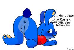 1boy anthro anus blue_fur blush bottomless dated estonian_text furry jänku-juss lagomorph male male_only penis presenting presenting_hindquarters rabbit smile solo testicles text top-down_bottom-up