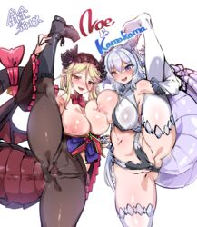 2girls areolae asymmetrical_docking bangs bikini bikini_under_clothes black_footwear blush boots bow breast_press breasts breasts_out character_name cleavage detached_collar dragon dragon_girl dragon_horns dragon_tail dress harigane_shinshi horns kneepits large_breasts long_hair looking_at_viewer maid_headdress micro_bikini multiple_girls nipples one_breast_out open_mouth pantyhose partially_visible_vulva pointy_ears red_eyes slit_pupils smile splits standing standing_on_one_leg swimsuit tail tail_bow thighhighs twintails unaligned_breasts vertical_splits virtual_youtuber wings