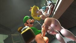 1boy 1girls 3d 3d_(artwork) armwear ass balls big_penis blonde_hair blue_eyes bottomless bottomless_male breasts clothing cooking crown cum cumshot duo ear_piercing ejaculating female genitals gloves green_hat green_shirt hat holding_jar holding_object indoors jar legwear light-skinned_female light-skinned_male light_skin luigi male male/female mario_(series) mature mature_female mature_male mr.russo nintendo open_mouth penis ponytail popsicle princess princess_peach royalty semen shirt smiling straight testicles thick_penis voluptuous voluptuous_female white_armwear white_gloves white_legwear