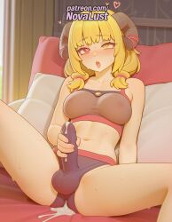 1futa 2025 ai_generated artist_name average_breasts blunt_bangs blush breasts bust chest cock cum dick futanari heart hi_res high_quality high_resolution highres horns jinja_(v-tuber) legs_apart legs_spread medium_breasts navel normal_breasts novalust open_legs open_mouth patreon patreon_username penis pillow solo splayed_legs spread_legs stable_diffusion sweat testicles virtual_youtuber watermark yellow_eyes