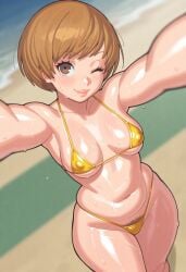 1girls 2025 ai_generated armpits arms_up beach bikini bikini_bottom bikini_top blush breasts brown_eyes brown_hair cleavage erect_nipples female female_pubic_hair hourglass_figure looking_at_viewer majorhooky medium_breasts nipples nipples_visible_through_bikini one_eye_closed outdoors outside persona persona_4 pubic_hair pubic_hair_peek satonaka_chie selfie solo sweat sweatdrop sweaty thick_thighs thighs wide_hips wink winking winking_at_viewer yellow_bikini yellow_bikini_bottom