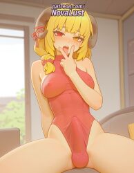 1futa 2025 ai_generated artist_name blonde_hair blunt_bangs blush breasts bulge bust chest covered_nipples erection erection_under_clothes finger_to_mouth futanari hi_res high_quality high_resolution highres horns indoors jinja_(v-tuber) legs_apart legs_spread novalust open_legs open_mouth otoko_no_ko patreon patreon_username sitting solo splayed_legs spread_legs stable_diffusion virtual_youtuber watermark yellow_eyes