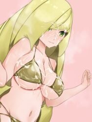 1girls big_breasts bikini blonde_hair breasts cum cum_on_breasts cum_on_face ejaculation female green_eyes kazukine large_breasts long_hair lusamine_(pokemon) mature_female milf mother nintendo pink_background pokemon pokemon_sm semen smile standing