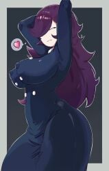 2d 2d_(artwork) armpits arms_behind_head artist_signature big_ass big_breasts blue_dress breasts curvy_body digital_media_(artwork) dress female female_focus female_only hair_over_one_eye half-closed_eyes hanako-san_ga_kita heart_symbol long_hair long_sleeves looking_at_viewer mob_face nipple_bulge nipples_visible_through_clothing outline purple_hair shavin65 simple_background simple_eyes simple_face skin_tight skintight_clothing small_mouth smile_at_viewer spoken_heart voluptuous_body voluptuous_female wavy_hair wide_hips yumiko_(hanako-san_ga_kita)