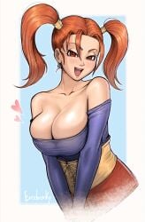 1girls artist_signature bare_shoulders big_breasts breasts bursting_breasts busty busty_female cleavage clothed clothing collarbone corset dragon_quest dragon_quest_viii dress erodrunky jessica_albert looking_at_viewer red_eyes red_hair twintails