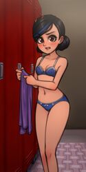 1girls black_hair blue_bra blue_panties blush boobs bra breasts brown_eyes claire_nuñez clenched_teeth clothing female female_only legs_together locker_room matching_underwear monorus nunez panties short_hair tales_of_arcadia tits trollhunters wide_hips