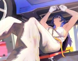 absurdres armpits arms_up blue_eyes blue_hair blurry breasts car commentary depth_of_field earrings english_commentary erasorpepero female gloves grey_jumpsuit hair_between_eyes highres holding_tool hololive hololive_english jewelry jumpsuit large_breasts long_hair looking_up mechanic motor_vehicle ouro_kronii sideboob signature socket_wrench solo sweat tank_top under_car virtual_youtuber white_gloves white_tank_top
