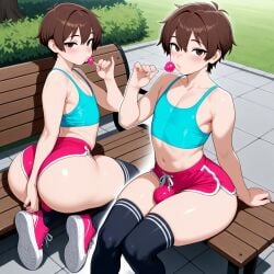1boy 1femboy 2025 ai_generated alternate_version_available ass bamlam belly bench big_ass brown_eyes brown_hair bulge crossdressing femboy feminine_male girly legwear licking licking_lollipop lollipop navel outdoors outside park park_bench short_shorts shorts sports_shorts sports_uniform sportswear tank_top thick_thighs thighs top topwear trap