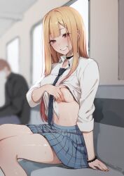 1boy 1girls black_choker black_necktie blonde_hair blue_skirt blurry blurry_background bracelet breasts choker clothes_lift doehorn ear_piercing female flashing grin highres jewelry kitagawa_marin lifting_own_clothes long_hair looking_at_viewer medium_breasts navel necktie piercing plaid_clothes plaid_skirt public_indecency red_eyes school_uniform shirt shirt_lift sitting skirt smile solo_focus sono_bisque_doll_wa_koi_wo_suru teasing teeth thighs train_interior white_shirt