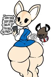 aggressive_retsuko anthro anthro_on_anthro ass beady_eyes big_butt bodily_fluids bottomwear brown_body brown_fur canid canine clothing dialogue dress_shirt duo english_text female female_focus fennec fenneko fox fur haida half-closed_eyes hi_res holding_object holding_phone huge_butt huge_hips huge_thighs hyaenid hyper hyper_butt hyper_hips hyper_thighs hypercawk ineffective_clothing laugh looking_at_viewer looking_back male mammal microskirt miniskirt mocking narrowed_eyes necktie office_lady open_mouth open_smile phone rear_view sanrio sharp_teeth shirt simple_background skirt skirt_too_short small_waist smile smooth_fur solo_focus speech_bubble spotted_hyena standing straight sweat tan_body tan_fur teeth text thick_thighs topwear underbite wide_hips