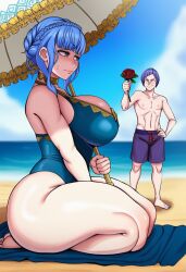 ai_generated beach beach_towel blue_hair fire_emblem fire_emblem:_three_houses flirting huge_ass huge_breasts lorenz_hellman_gloucester marianne_von_edmund rose swimsuit umbrella