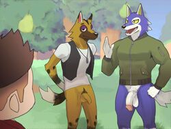 2020 3boys animal_crossing animal_crossing_boy anthro balls bottomless canid canine canis casual_exposure circumcised clothed clothing dog_tags flaccid food foreskin fruit furry genitals group hand_behind_back hi_res human humanoid_genitalia humanoid_penis jacket k0bit0wani kyle_(animal_crossing) lobo_(animal_crossing) male male_only mammal multiple_boys neckwear nintendo october open_mouth outside pantsless pear pecs penis plant pubes shirt slightly_muscular standing topwear tree uncut vest video_games villager_(animal_crossing) wolf