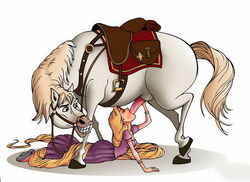 1boy 1boy1girl 1girls artist_request blonde_hair clothing disney disney_princess dress female female_protagonist horse horsecock interspecies maximus_(tangled) oral oral_sex penis rapunzel tagme tangled zoophilia