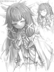 arrow_(symbol) bilibili_username blush character_request closed_eyes closed_mouth columbina_(genshin_impact) female genshin_impact greyscale highres kupa_(jesterwii) long_hair monochrome multiple_views panties panty_pull pulling_own_clothes underwear