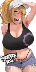 1girls armpit armpit_hair armpits arms_behind_back arms_behind_head arms_up artist_name background bare_armpits bare_arms bare_belly bare_midriff bare_shoulders bare_thighs belly belly_button black_clothing black_outfit black_panties black_shirt black_tank_top black_underwear blonde-haired_female blonde_female blonde_hair blonde_hair_female blue_eyes blush blushing_at_viewer blushing_female breasts bust busty busty_female cap closed_mouth clothed clothed_female clothing commission crop_top curvaceous curvaceous_body curvaceous_female curvaceous_figure curvaceous_hips curvaceous_thighs curves curvy curvy_body curvy_female curvy_figure curvy_hips curvy_thighs denim denim_shorts edmun extremely_long_hair eyewear female female_focus female_only fully_clothed gear glasses hand_behind_head hat headwear hips huge_breasts huge_thighs human human_only large_breasts large_thighs light-skinned_female light_skin lips long_hair looking_at_viewer midriff midriff_baring_shirt mouth mouth_closed oc one_hand_behind_head original original_character panties pants ponytail print_clothing print_shirt print_tank_top pubic_tattoo seductive seductive_eyes seductive_look seductive_mouth seductive_pose seductive_smile sexy short_shorts shoulders simple_background smile smiling smiling_at_viewer solo solo_female solo_focus succubus_tattoo tank_top tanya_(extheman) tattoo tattoo_on_chest text_on_hat thick_thighs thigh_gap thighs transparent_glasses underwear unzipped unzipped_pants unzipped_shorts voluptuous voluptuous_body voluptuous_female wearing_glasses white_background white_hat wide_hips womb_tattoo