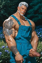 ai_generated bara daddy dilf gay grey_hair handsome hunk male_only muscular muscular_male old_male older_male original_character silver_fox silver_hair solo_male tattoo tattoo_on_arm tattooed_arm zodoai