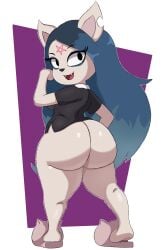 2023 absurd_res alternative_fashion anthro ass big_butt bottomless breasts bubble_butt capikeeta cartoon_hangover claire_(the_summoning) clothed clothing felid female footwear glistening glistening_butt goth hair hi_res long_hair looking_at_viewer looking_back looking_back_at_viewer makeup mammal mascara occult_symbol pentagram shoes short_stack simple_background slippers smile solo symbol the_summoning thick_thighs