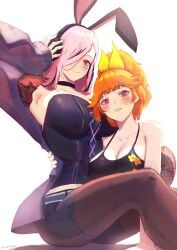 1980s_fashion 2girls absurdres aerobics animal_ears arm_around_waist armpits black_corset black_hair black_tube_top blush breasts choker cleavage corset couple cross-laced_clothes cross-laced_corset earrings erasorpepero hair_over_one_eye hand_around_waist hand_on_another's_waist headphones highleg highleg_leotard highres hololive hololive_english hoop_earrings hug jewelry large_breasts leggings leotard long_hair looking_at_viewer mori_calliope mori_calliope_(rock_bunny) multicolored_hair multiple_girls official_alternate_costume orange_hair pantyhose pink_hair print_leotard purple_eyes reflective_clothes simple_background smile strapless streaked_hair takanashi_kiara takanashi_kiara_(fever_night) torn_clothes torn_leggings torso_grab tube_top virtual_youtuber yuri