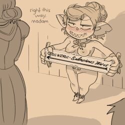 1girls blueregardtwo blushing bowtie breasts female goblin large_areolas lynn_(blueregardtwo) nude pussy senftember senftember_(2025) sign small_breasts tagme