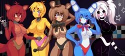 5girls android animatronic anthro arms_crossed bear_girl bedroom_eyes big_breasts black_body blue_body blue_fur blue_skin bonnie_(fnaf) bonnie_(fnia) breasts brown_body brown_fur brown_hair bunny_ears bunny_girl chica_(fnaf) chica_(fnia) chicken cleavage featureless_breasts female five_nights_at_freddy's five_nights_in_anime five_nights_in_anime_rebooted fnaf fnia fox fox_ears fox_girl foxy_(fnaf) foxy_(fnia) freddy_(fnaf) freddy_(fnia) furry group happy huge_breasts marionette_(fnaf) multiple_girls no_nipples posing puppet_(fnaf) puppet_(fnia) red_body red_hair red_skin robot robot_girl robot_humanoid seductive seductive_look teasing toy_bonnie_(fnaf) toy_chica_(fnaf) toy_freddy_(fnaf) white_body white_fur white_skin wink winking_at_viewer yellow_body yellow_fur yellow_hair yellow_skin