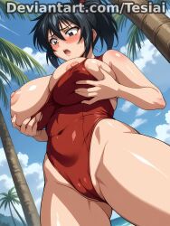 1girls ai_generated ass big_ass big_breasts black_hair blue_eyes breast_hold breasts busty busty_female cameltoe exposed_breasts exposed_nipples female female_only huge_ass huge_breasts large_ass large_breasts light-skinned_female light_skin manyuu_chifusa manyuu_hikenchou navel navel_visible_through_clothes nipples one-piece_swimsuit pink_nipples ponytail pussy ripped_clothing ripped_swimsuit solo_female swimsuit tesiai tight_swimsuit voluptuous voluptuous_female wardrobe_malfunction