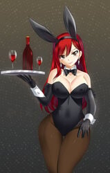 big_breasts bowtie breasts brown_eyes bunny_costume bunny_ear bunny_ears bunny_girl bunny_suit bunnysuit cleavage collar cuffs earrings edit erza_scarlet fairy_tail female_only gloves hips large_hips lipstick long_hair long_legs neck_ribbon pantyhose plate red_hair red_wine seduction seductive seductive_eyes seductive_look seductive_mouth seductive_pose seductive_smile sharknex stockings wide_hips wine wine_glass