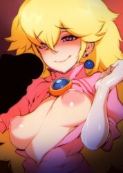blonde_hair blue_eyes breasts doxy dress earrings elbow_gloves female furrowed_brow gloves hands_up heart heart-shaped_pupils highres jewelry long_hair looking_at_penis mario_(series) medium_breasts open_clothes open_dress penis pink_dress princess_peach silhouette smile solo sphere_earrings symbol-shaped_pupils upper_body white_gloves