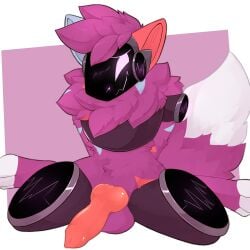 absurd_res animal_genitalia animal_penis anthro balls canine_genitalia canine_penis erection fur genitals hair hi_res knot knotted_penis machine male markings nude penis protogen raithefox_(character) screen simple_background solo tail zionnicoz