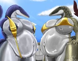 1boy 2girls alternate_version_available anthro areolae ass big_areola big_ass big_belly big_breasts big_butt bikini blue_sclera breasts breasts_bigger_than_head chubby chubby_female clothing curvaceous curvy curvy_figure erect_nipples erect_nipples_under_clothes faceless_male female fetal_movement hands_behind_back heavily_pregnant huge_ass huge_breasts jurassic_park_(franchise) jurassic_world jurassic_world_rebirth larger_female long_tail mako_castoro male mosasaurus mostly_nude navel_piercing nipple_piercing piercing piercings pregnant pregnant_belly prehistoric_species scalie sharp_teeth significant_size_difference size_difference sling_bikini smaller_male sweat sweating sweaty sweaty_body sweaty_breasts sweaty_thighs tail thick_thighs voluptuous voluptuous_female wide_hips yellow_sclera