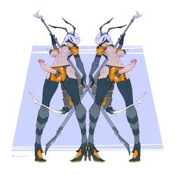 2b_(nier:automata) 2girls abdomen_tail arthropod_girl bee_girl blindfold covered_testicles erection full_body futanari high_heels highres holding holding_polearm holding_weapon huge_cock multiple_girls navel nier:automata nier_(series) penis polearm pun short_hair spear standing stinger tailbox toned weapon white_background white_hair wide_hips