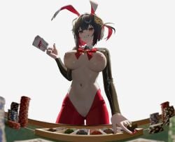 amber_eyes areolae big_breasts black_hair black_sleeves breasts bunny_ears cards collar eyebrows_visible_through_hair goddess_of_victory:_nikke long_sleeves multicolored_hair navel nipples poker poker_chip pussy red_hair red_nails red_pants red_ribbon reverse_bunnysuit ribbon ring rouge_(nikke) rouge_(unlucky_rabbit)_(nikke) shiny_skin smile smile_at_viewer spade sweat white_collar