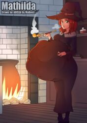 big_belly breasts brown_dress brown_hair cauldron female fetal_movement green_eyes hand_on_belly looking_at_viewer mabeelz oc short_hair smoking smoking_pipe vore wide_hips witch witch_hat