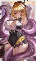 1girls absurdres armpits ass asymmetrical_shorts blonde_hair blush breasts detached_sleeves female green_pupils hat high-waist_shorts highres large_breasts looking_to_the_side mole mole_under_mouth monster_girl octopus open_clothes purple_eyes short_hair shorts single_thighhigh slimy solo spiral standing sticker sweat tentacle tentacle_between_breasts tentacle_between_legs tentacle_tail tentaclejob thighhighs unbuttoned wendy_(5877) white_sleeves yidhari_(zenless_zone_zero) zenless_zone_zero