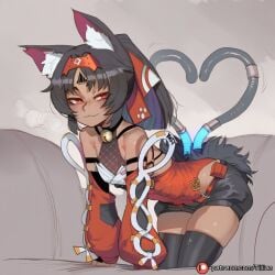 :3 ai_generated all_fours animal_ear_fluff animal_ears bare_shoulders bell bent_over black_hair black_shorts black_thighhighs blush breasts cat_ears cat_girl cat_tail collar dark-skinned_female dark_skin detached_sleeves facial_mark female forehead_mark hairband half-closed_eyes heart heart_tail jingle_bell long_hair looking_at_viewer multiple_tails neck_bell nekomiya_mana oerba_yun_fang patreon_logo patreon_username ponytail red_eyes shorts skindentation small_breasts smile solo tail tail_wagging thighhighs tillian two_tails zenless_zone_zero