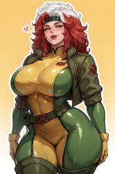 ai_generated bare_thighs gigantic_breasts green_eyes huge_breasts huge_thighs jacket light-skinned_female light_skin long_hair looking_at_viewer marvel marvel_comics massive_breasts multicolored_hair pawg red_hair rogue_(x-men) smiling solo_female squatting superheroine sweat sweatdrop thick_body thick_female thick_thighs thighs voluptuous voluptuous_female x-men x-men_97 yashugai