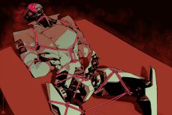 1boy bondage bound bound_arms bound_legs bound_penis bound_thighs bound_torso bound_wrists buttons covered_nipples criticality_(robots_&_lace) double-breasted highres humanoid_robot jacket lying male_focus muzzle_(mask) on_back penis robot robots_&_lace rope_around_neck sarah_stone solo uncensored white_jacket
