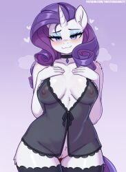 animal_ears anthrofied blue_eyes body_fur breasts collarbone completely_nude female furry gradient_background hands_on_own_chest highres horns horse_ears horse_girl horse_tail large_breasts lingerie long_hair looking_at_viewer my_little_pony my_little_pony:_friendship_is_magic nipples nude purple_background purple_hair pussy rarity_(my_little_pony) seductive_smile single_horn smile solo tail twistedscarlett60 white_fur