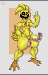 anthro athletic athletic_male avian balls beak big_balls bird black_border black_sclera bodily_fluids border bottom_heavy chicken critters_(poppy_playtime) crossed_arms epididymis feathers galliform genital_fluids genitals glans happy kickinchicken kickinchicken_(poppy_playtime) long_penis looking_at_viewer male mob_entertainment nipples no_humans orange_beak penis phasianid poppy_playtime precum pubes pubic_feathers simple_background smiling_critters solo star steam sweat sweaty_balls sweaty_genitalia tail tail_feathers thick_thighs vein veiny_penis wilelter yellow_body